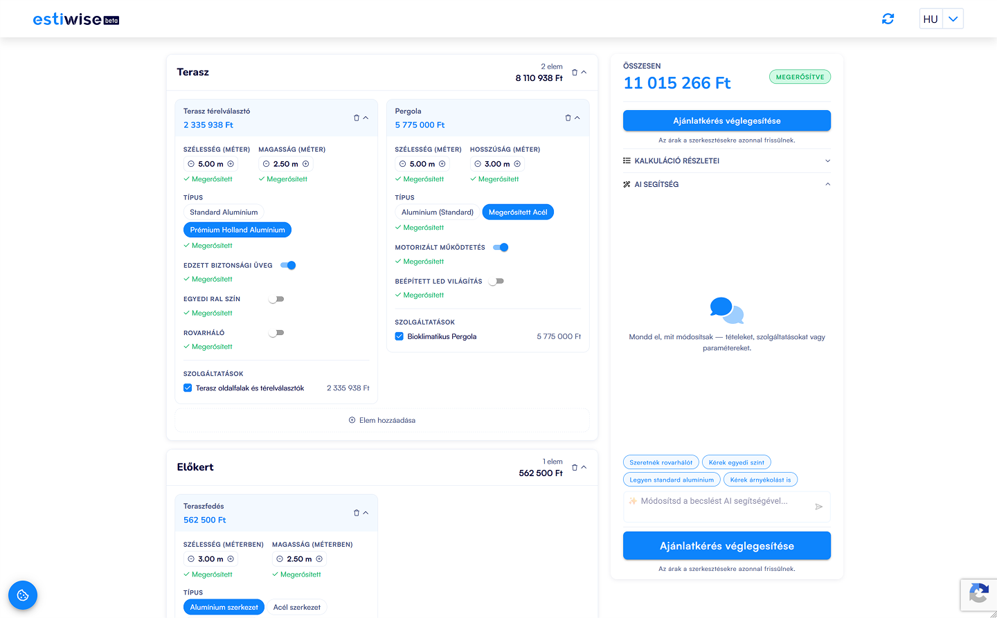 Az EstiWise publikus kalkulátor felület mockup-ja — szolgáltatás-választástól az interaktív árajánlatig