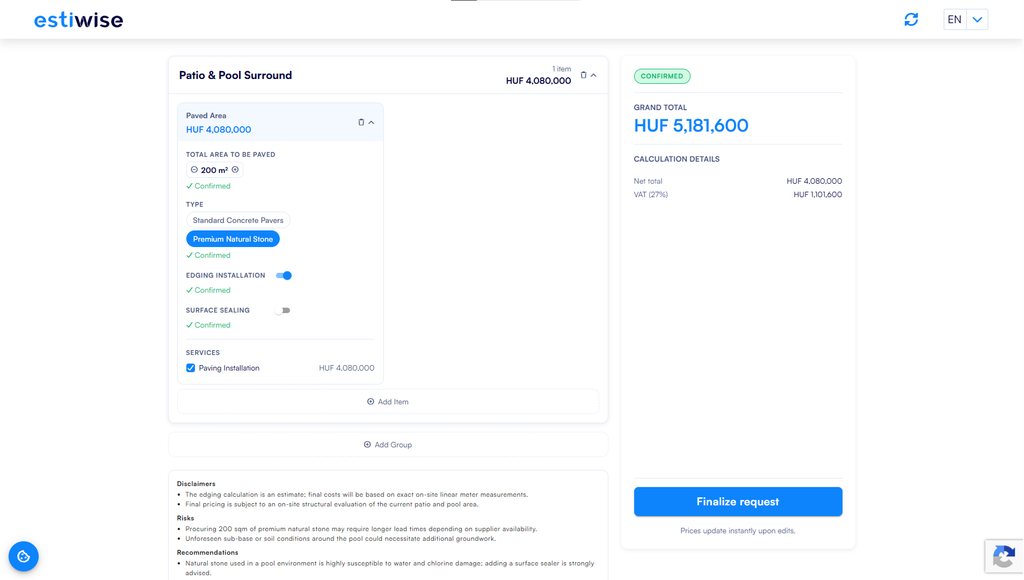 Mockup of the public EstiWise calculator — from service selection to the interactive quote