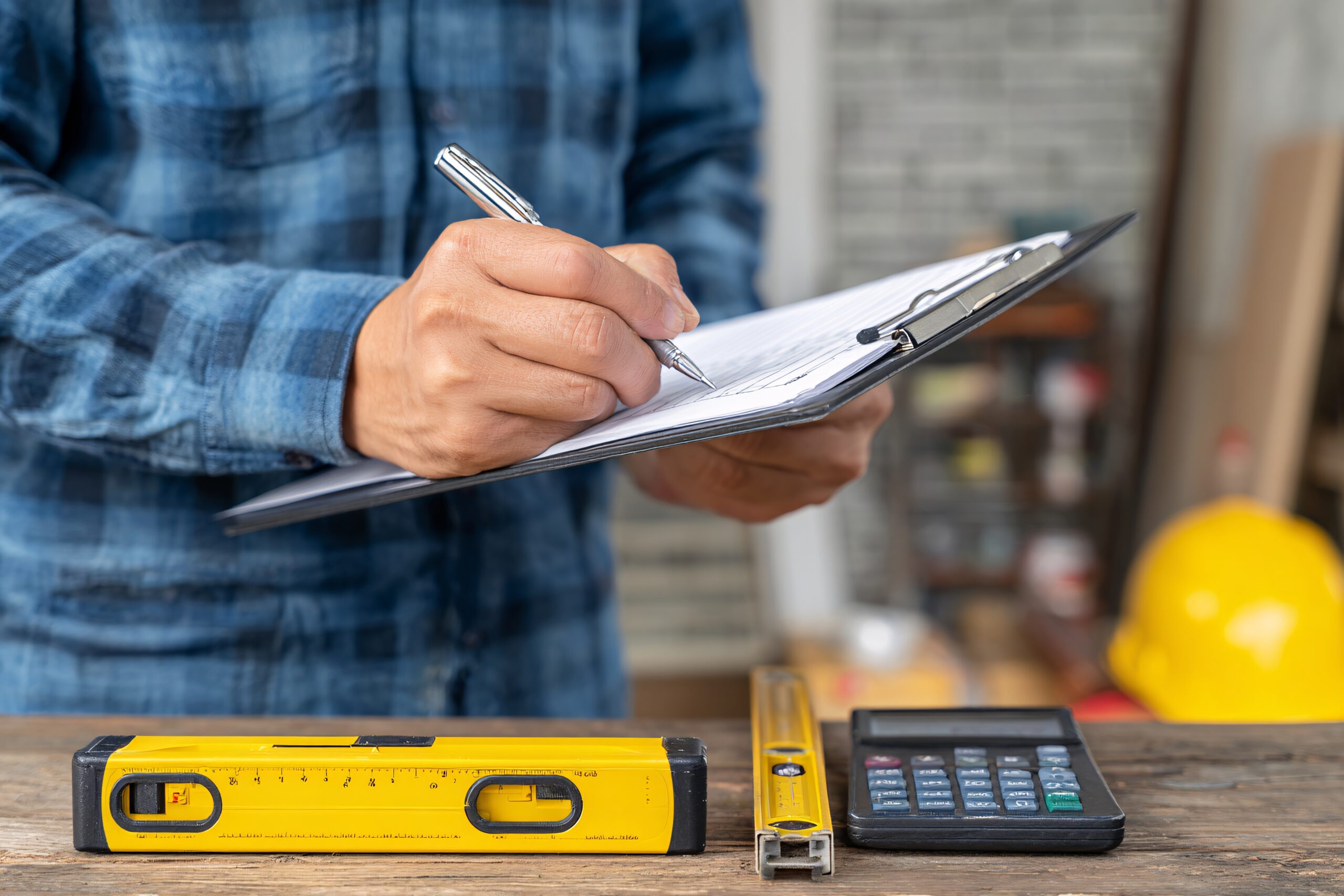 Construction worker taking notes while testing quoting software on real quotes during a free trial
